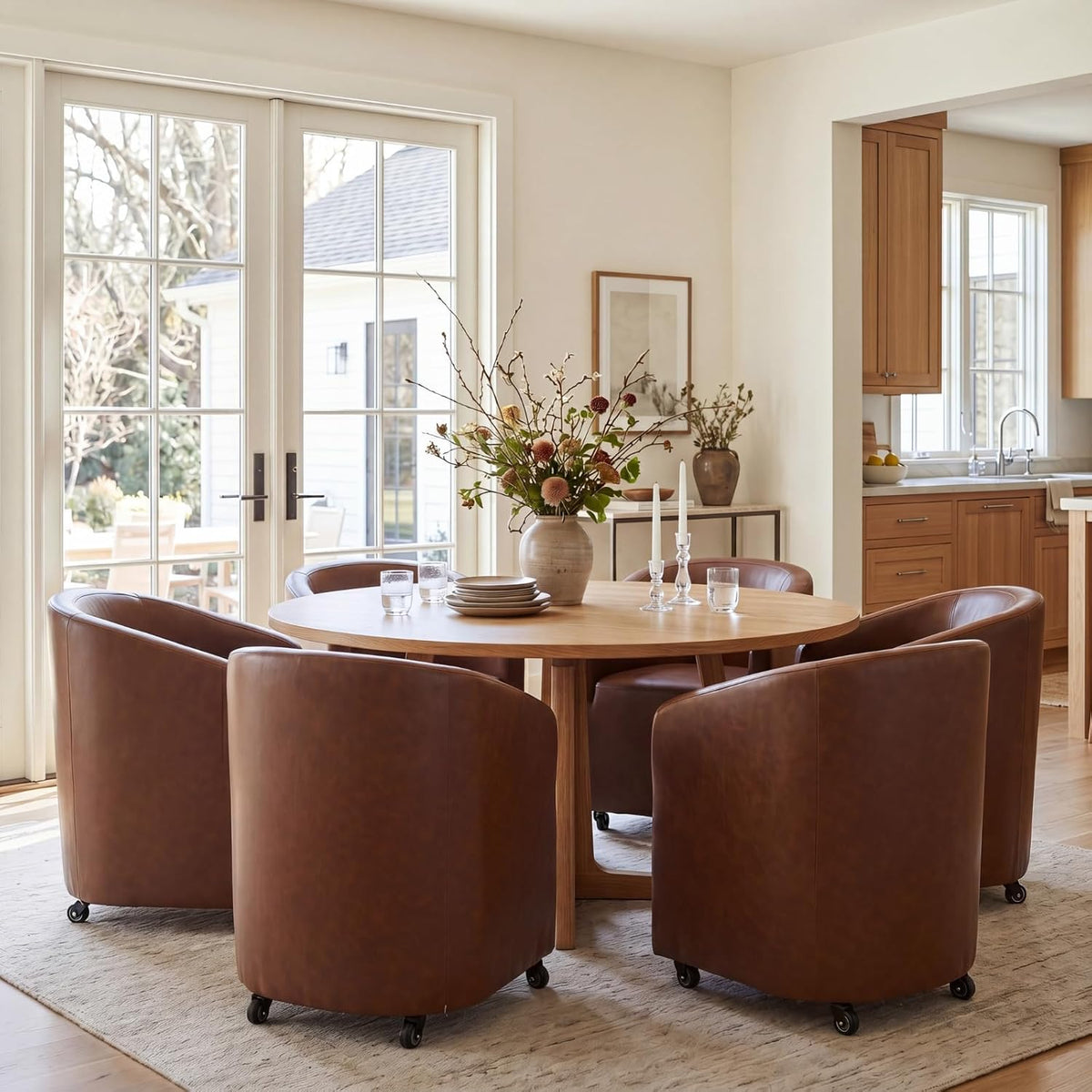 BESTANO Set of 2 Modern Upholstered Dining Chairs with Swivel Casters, Faux Leather Barrel Back Accent Side Chair for Dining Room Living Room,Brown