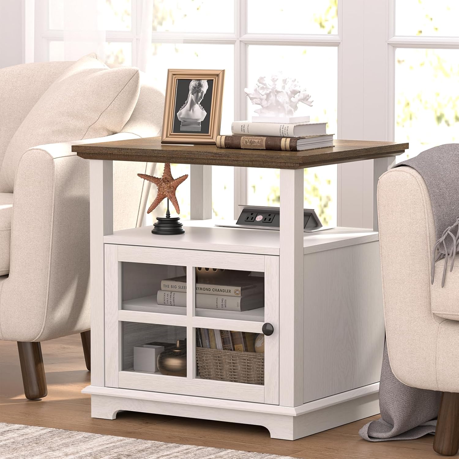 HIFYOBRO 24''Tall White End Table with Charging Station, Adjustable Shelf & Storage, 21" Large Side Table, Modern Farmhouse Nightstand for Bedroom, Living Room, Office