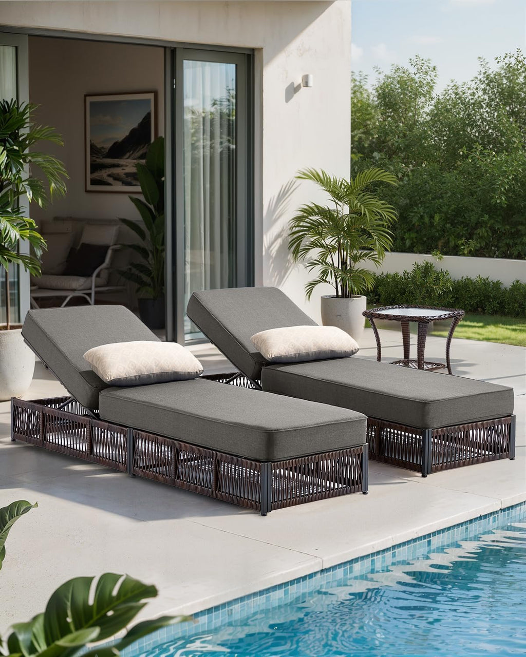 Luxury Outdoor Chaise Lounges with 5 Inch Thickened Cushions - Set of 2 High Back Brown Wicker Patio Recliners Rattan Reclining Chairs Porch Poolside Pool Sunbathing Lounger - Grey