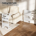 HLDIRECT C Shaped End Table with Charging Station, Couch Side Table with Storage Bag, Foldable TV Tray with 2 USB Ports and Outlets for Living Room, Bedroom, White