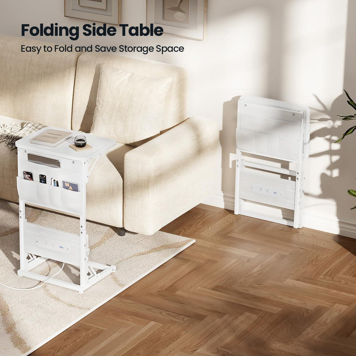 HLDIRECT C Shaped End Table with Charging Station, Couch Side Table with Storage Bag, Foldable TV Tray with 2 USB Ports and Outlets for Living Room, Bedroom, White