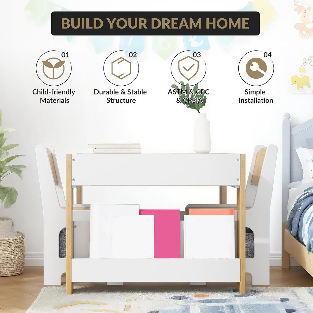Kids 4‑in‑1 Wooden Table & 2 Chairs Set Brown | 4‑in‑1 double‑sided tabletop, multi‑storage, burr‑free wood, waterproof finish, for kids drawing reading craft activities