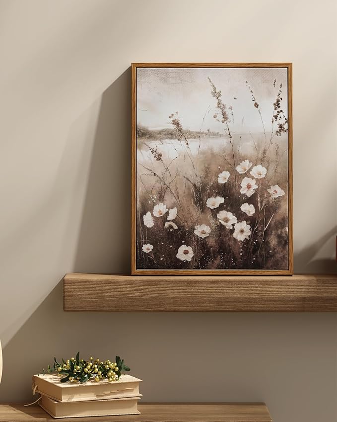 InSimSea Framed Wall Art for Living Room Landscape Canvas Wall Decor Meadow with Flowers Vintage Paintings Classical Wildflower Field Scene Boho Floral Pictures Decor for Bathroom Bedroom 12x16in