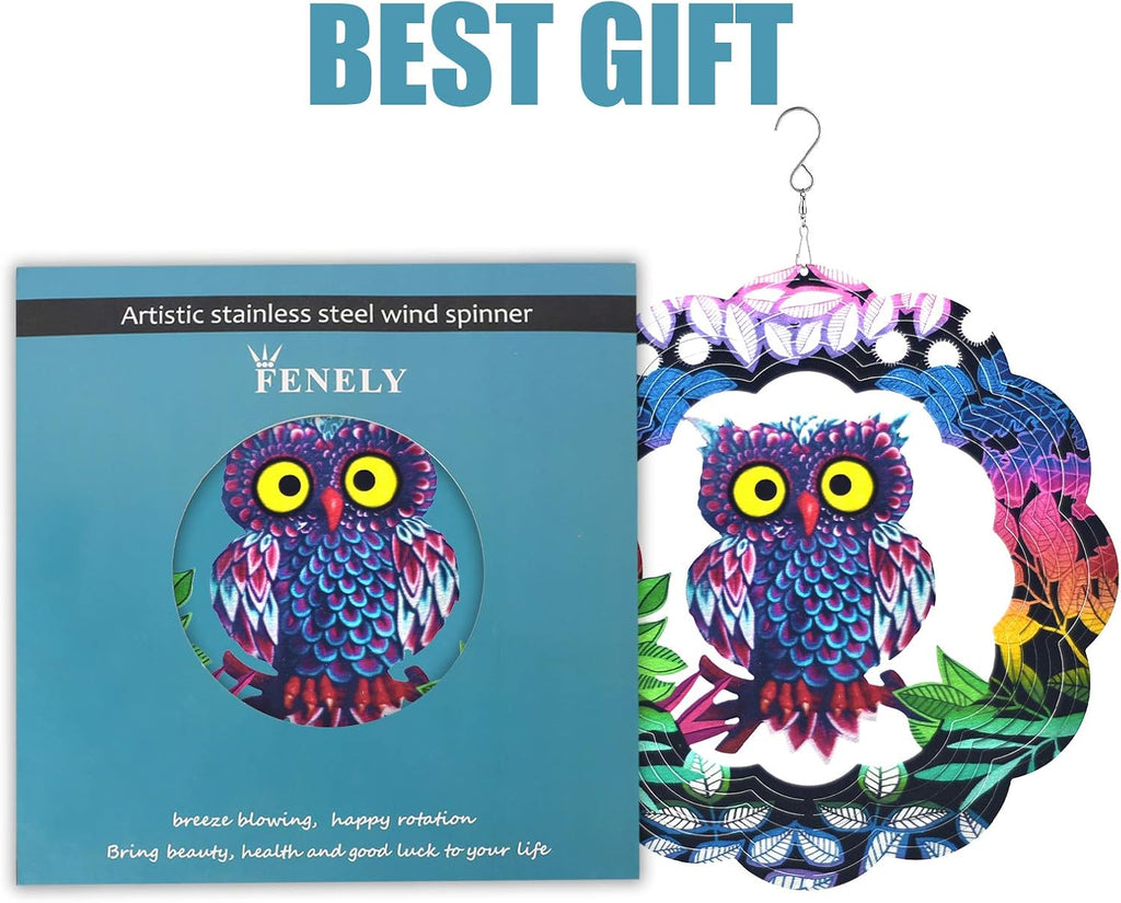 Wind Spinner Yard Art Garden Decor 3D Stainless Steel Metal Sculptures Owl Kinetic Hanging Whirligig Decorations Backyard Outside Indoor Outdoor Patio and Lawn Ornaments Clearance Sun Catcher Windmill