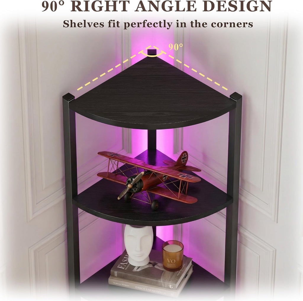 Corner Shelf with Storage, LED Lights 6-Tier Corner Bookshelf, 66'' Organizer Book Shelf Shelves Steel Frame Display Stand with Living Room, Bedroom, Study, Black