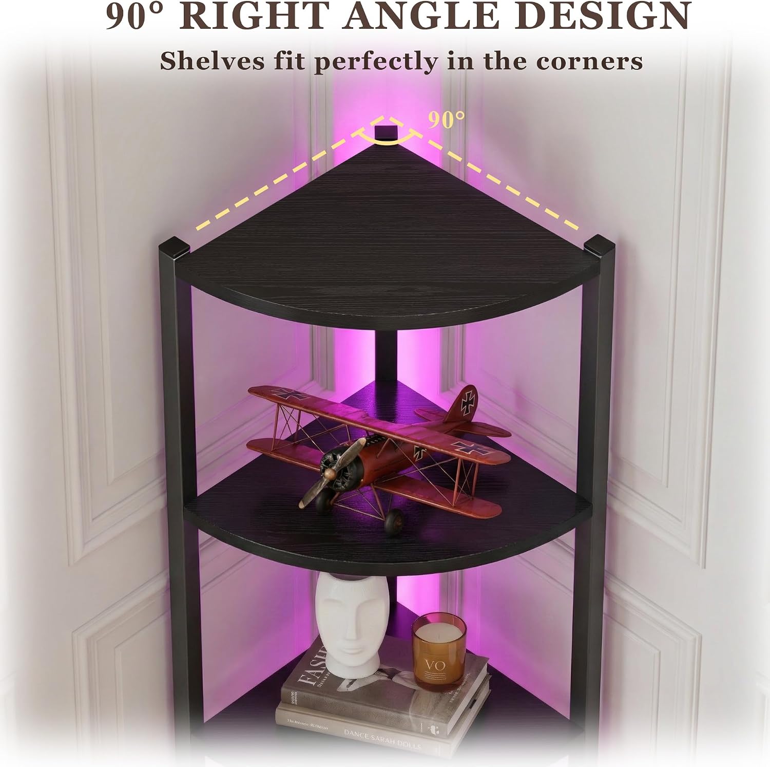Corner Shelf with Storage, LED Lights 6-Tier Corner Bookshelf, 66'' Organizer Book Shelf Shelves Steel Frame Display Stand with Living Room, Bedroom, Study, Black