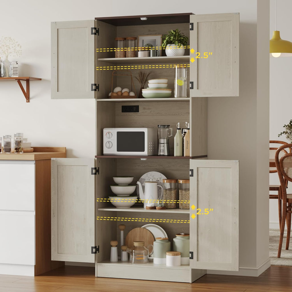 MHOM 71" Tall Pantry Cabinet with Charging Station, Farmhouse Kitchen Hutch with Adjustable Shelves, Modern Kitchen Pantry Storage Cabinet for Dinning Room & Living Room, Antique Oak