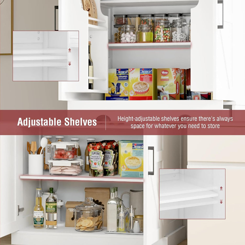Tall Free Standing Kitchen Pantry Storage Cabinet, Wooden Farmhouse Style, Deep Organization for Kitchen