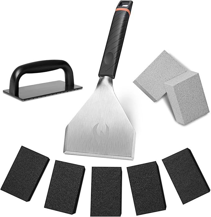 HOMENOTE Griddle Cleaning Kit for Blackstone, Professional Griddle Scraper Kit with Reinforced Heavy Duty Scraper, Bricks, Scouring Pads with Handle 9pcs