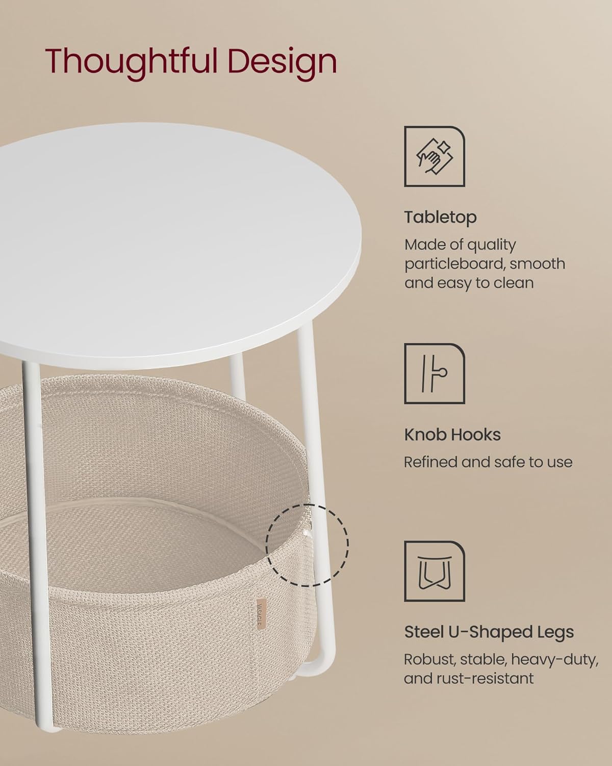 VASAGLE LILEA Collection - Small Round Side End Table, Modern Nightstand with Fabric Basket, Matte White and Camel Brown ULET223W10
