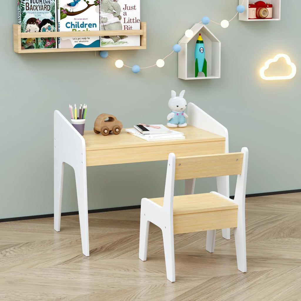 Kids Table and Chair Set, Wooden Children's Study Desk & Play Table for Ages 2-8, White and Natural MDF Furniture