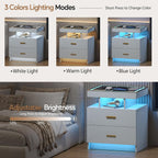 LED Nightstand Set 2 with Charging Station,Motion Senor,White | Night Stand with 2 Drawers,Glass Top Smart BedSide Table,Modern End Table Side for Bedroom,Living Room,Office