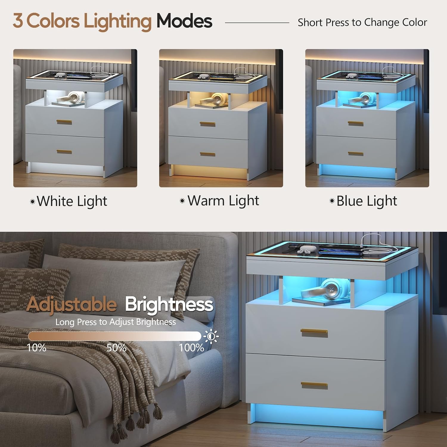 LED Nightstand Set 2 with Charging Station,Motion Senor,White | Night Stand with 2 Drawers,Glass Top Smart BedSide Table,Modern End Table Side for Bedroom,Living Room,Office