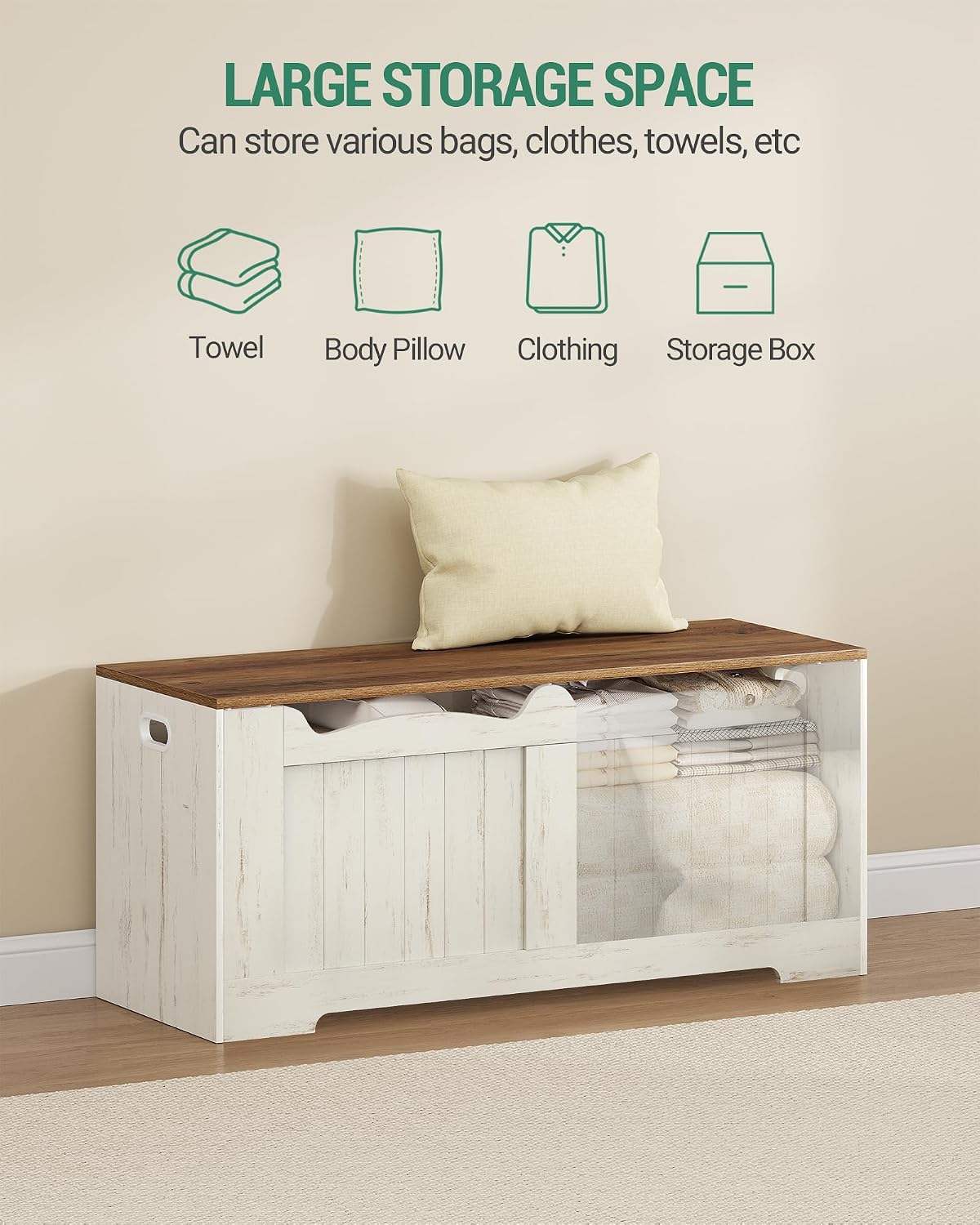 Hzuaneri 43" Farmhouse Storage Chest | 55 Gal | 330lb Seat | Retro White | Soft-Close Hinges | Stuffed Animal and Blanket Storage for Entryway, Bedroom and Living Room | Easy Assembly | SB25514X