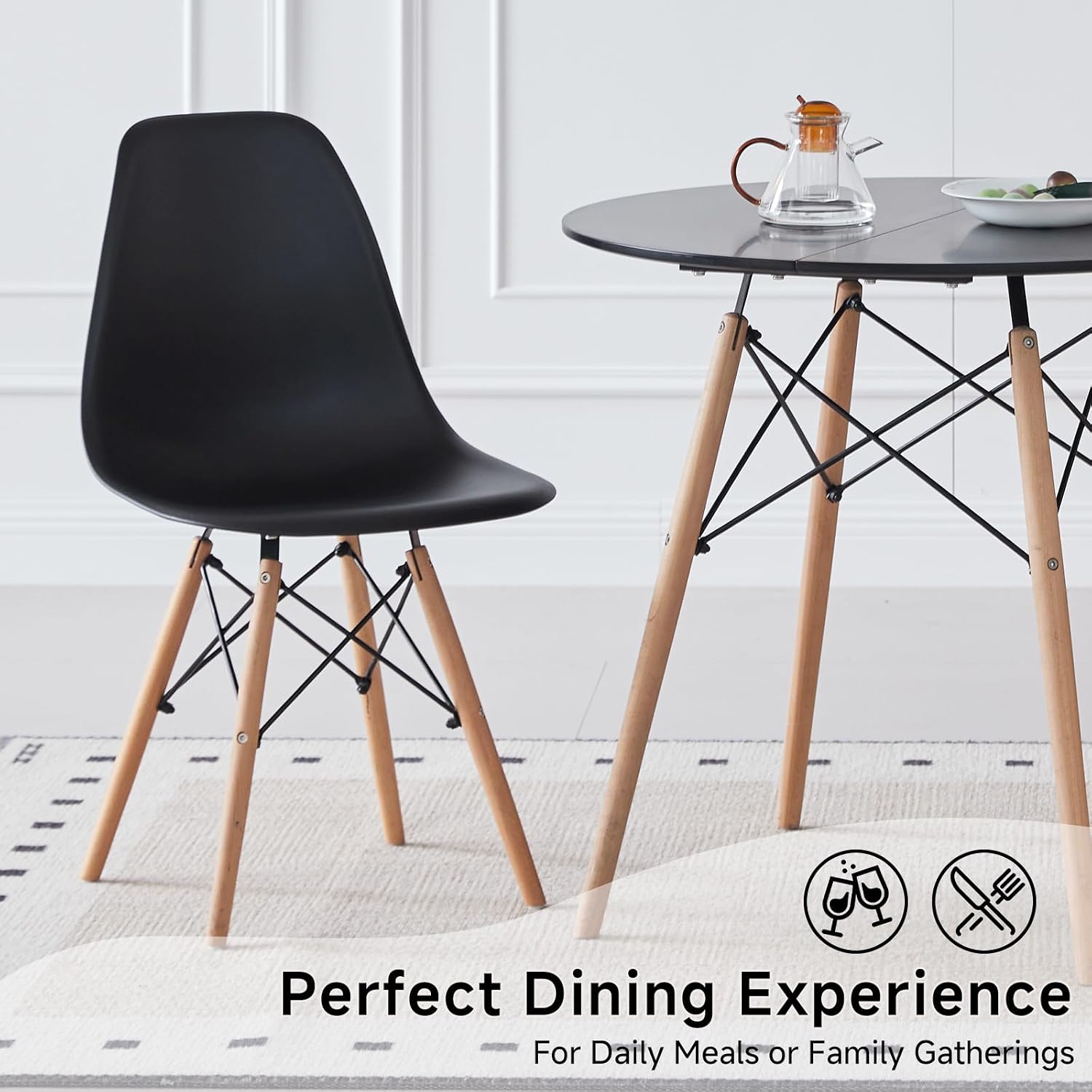 Dining Chairs Set of 4, Modern Plastic Kitchen Chairs with Beech Wood Legs for Dinner Living Waiting Room Bedroom, Black
