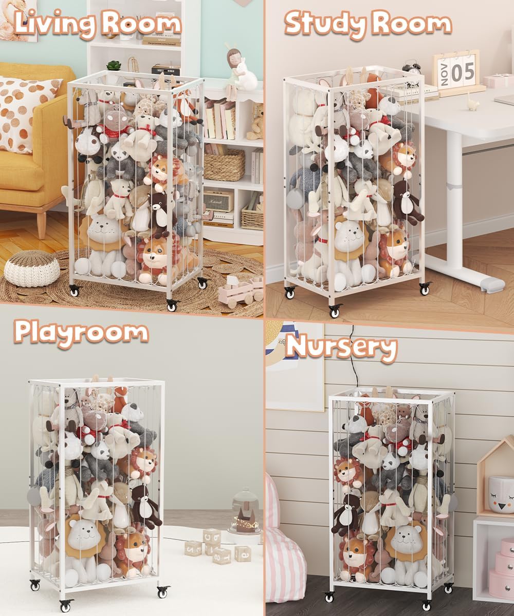 Stuffed Animal Storage Organizer with Wheels, Stuffed Animal Zoo Shelf with Elastic Rope for Nursery, Play Room, Bedroom, Kids Plush Toy Holder for Boys and Girls, White.
