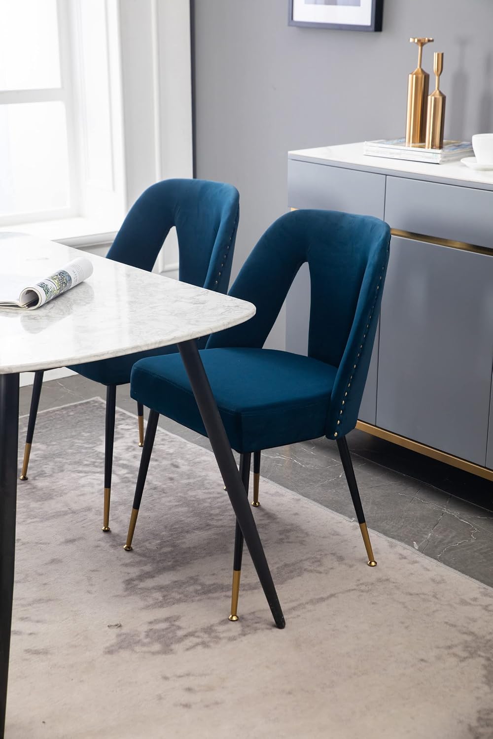 Aoowow Modern Dining Chairs Set of 6, Velvet Upholstered Side Chairs with Nailheads and Gold Tipped Black Metal Legs,Blue (Blue)