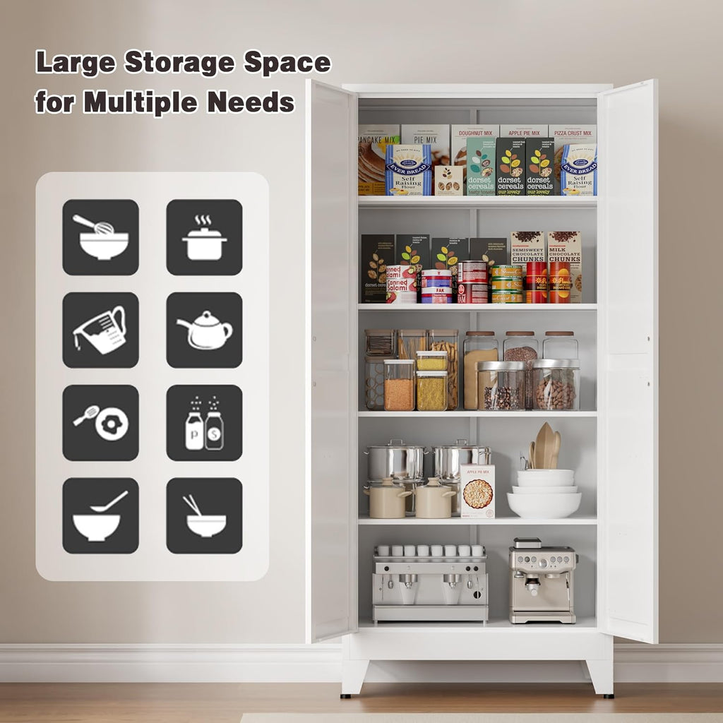 71" Tall Metal Pantry Cabinet, Kitchen Storage Cabinet with 2 Doors and 4 Adjustable Shelves for Kitchen, Living Room, Dining Room, Bathroom and Home, Office (White, 1PC)