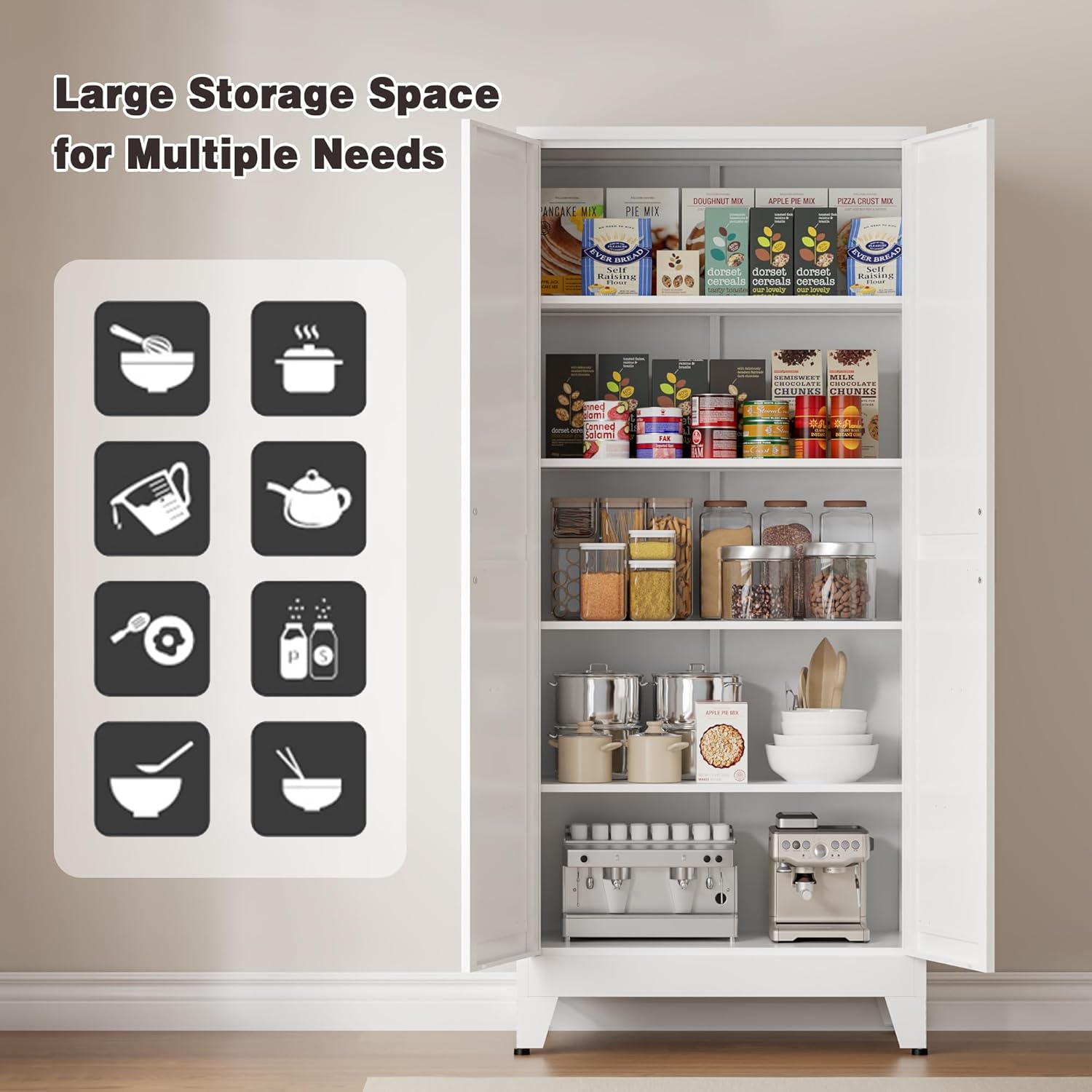 71" Tall Metal Pantry Cabinet, Kitchen Storage Cabinet with 2 Doors and 4 Adjustable Shelves for Kitchen, Living Room, Dining Room, Bathroom and Home, Office (White, 1PC)