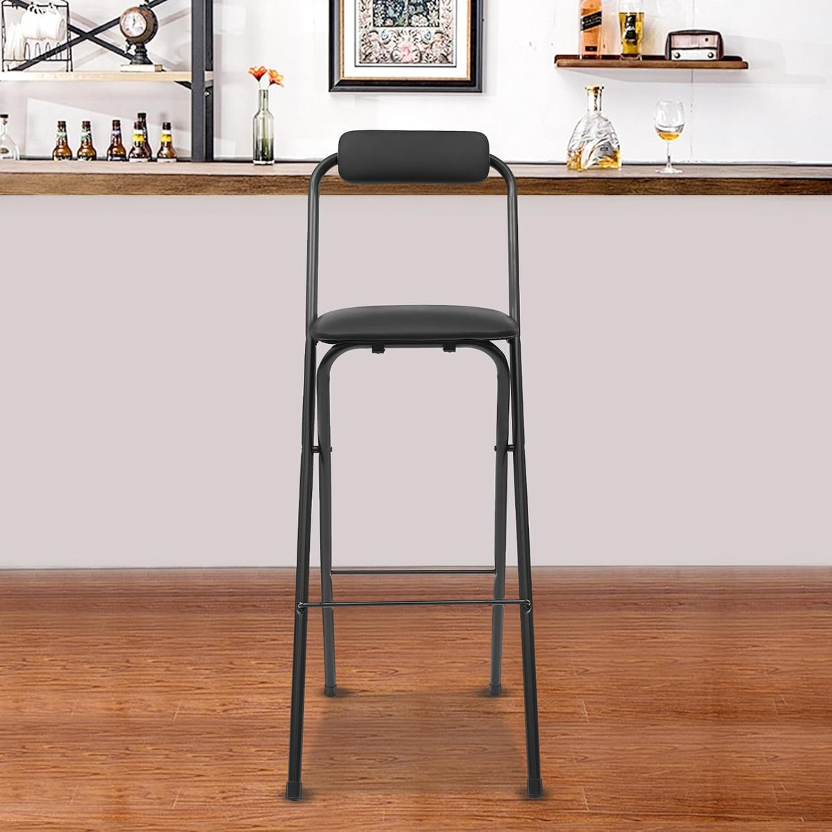 Folding Bar Stool with Back, 1 Pcs 27.6 Inch Tall Foldable Stool Chair Portable High Folding Bar Chair Counter Height Seat Leather Padded for Kitchen Shop Cafe Dining Room