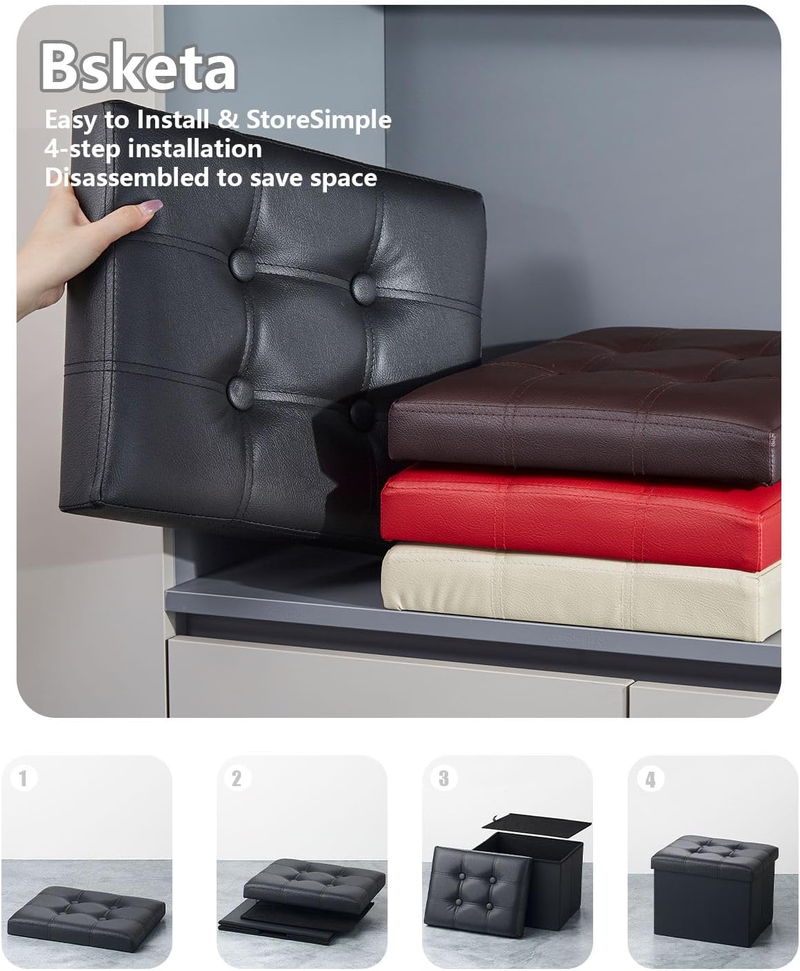 Bsketa Storage Ottoman, Folding Foot Stool with Thicker Foam Padded Seat Small Leather Storage Ottoman Bench Foot Rest for Living Room Foldable Coffee Table 17x13x13in,Black