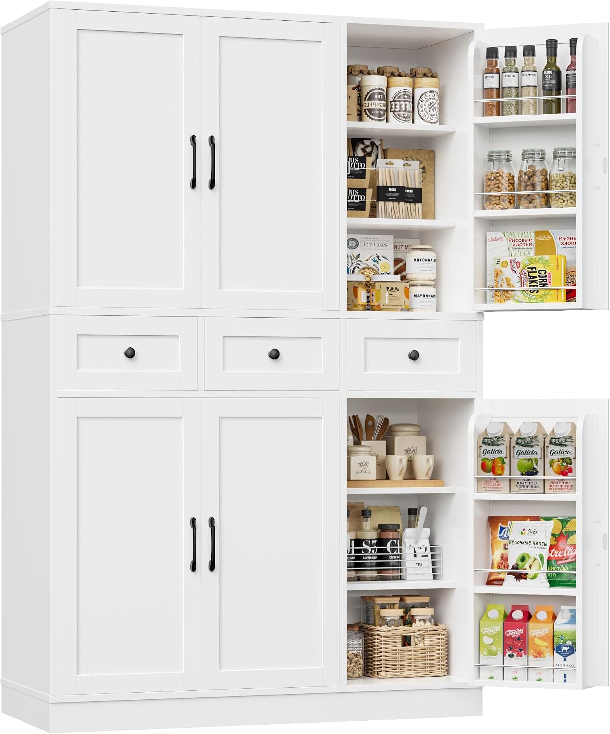 HITHOS 71" Tall Kitchen Pantry Storage Cabinet w/Drawers & Shelves, White | 47"W Kitchen Pantry Cabinet with Swing Out Doors, Large Wood Storage Cabinet, Modern Deep Food Pantry, Living Room