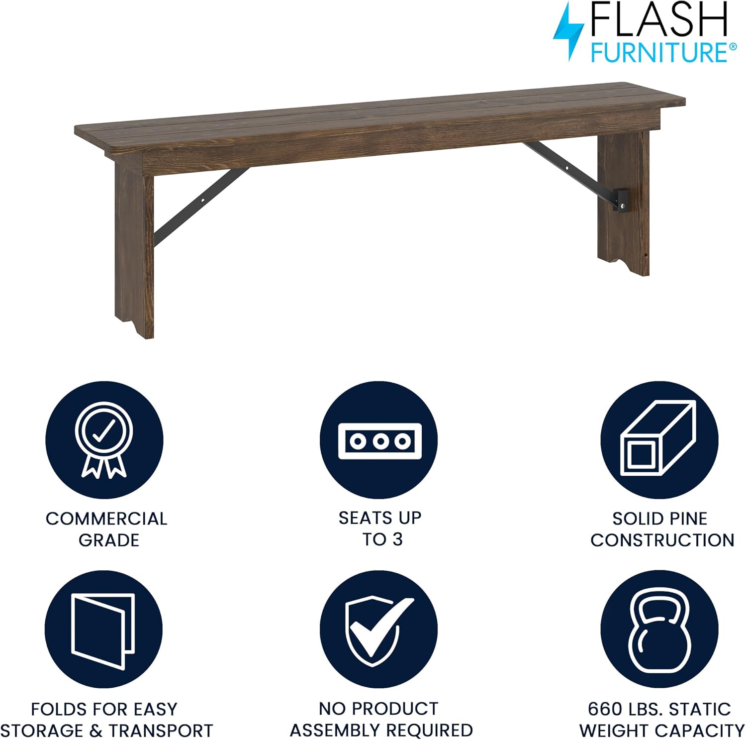 Flash Furniture Hercules 60x12 in Commercial Folding Bench, Rustic | Foldable Locking Legs, Farmhouse, Rustic