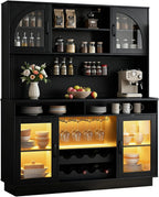 70.9" Tall Kitchen Pantry Cabinet with Outlet & LED Lights, 54.3" Wide Kitchen Storage Cabinet with Wine Rack, Farmhouse Coffee Bar Station with Pegboard, Buffet Sideboard (Black)