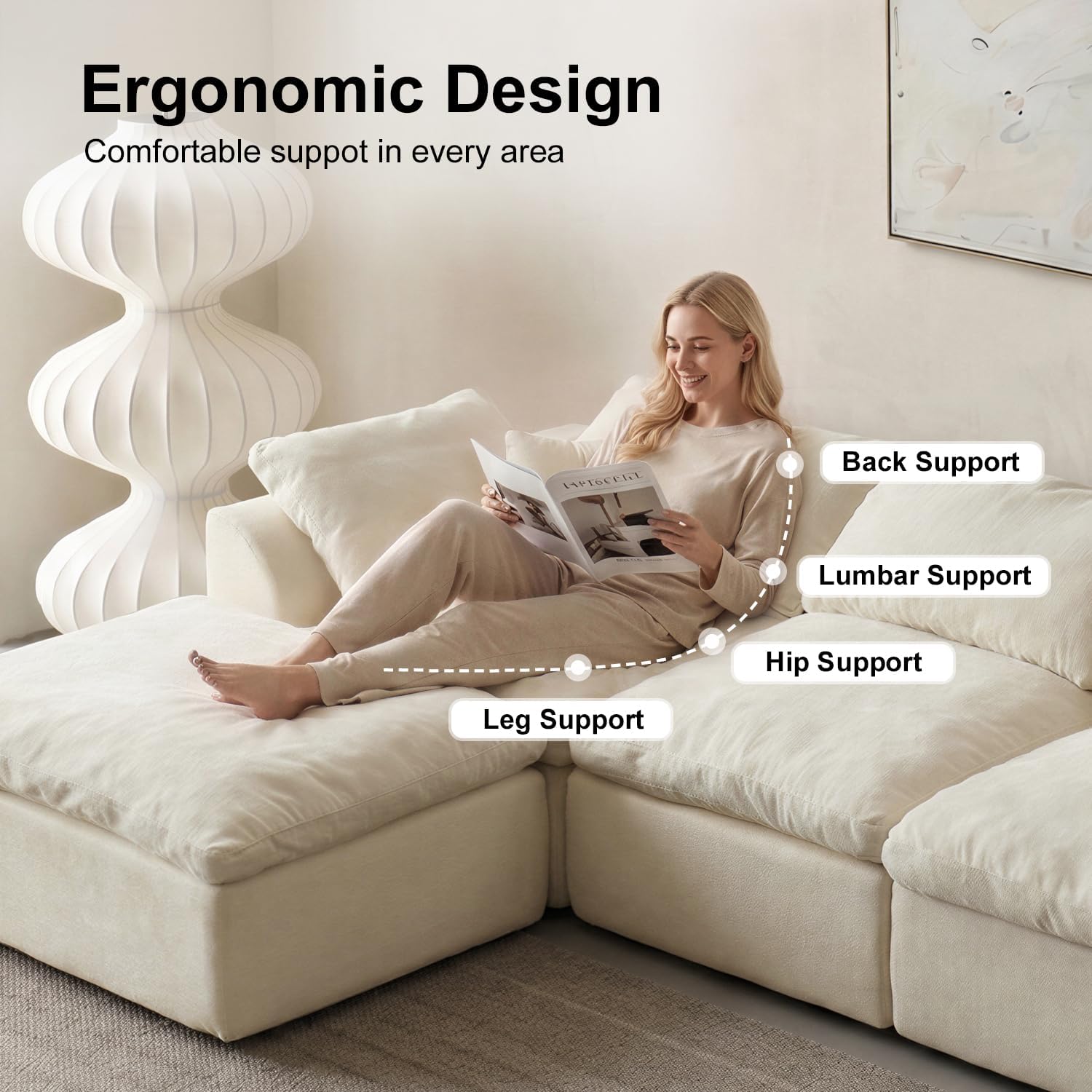 Oversized Cloud Couch Sectional Sofa for Living Room, Modular L Shaped Chenille Sofa with Chaise Lounge, Deep Seat Convertible Couch, Compressed No Assembly Floor Sofa (White)