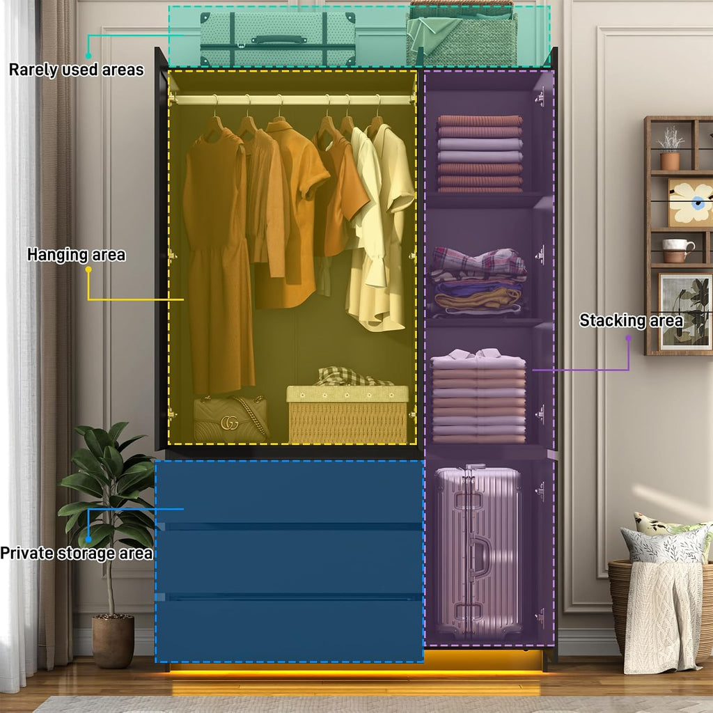 75"H Tall Modern 3 Doors Wooden Armoire Wardrobe Closet with 3 Drawers & 2 Mirror,Clothing Storage Cabinet with Hanging Rod,Bedroom Large Freestanding Armoires with Led Lights for Bedroom,Black