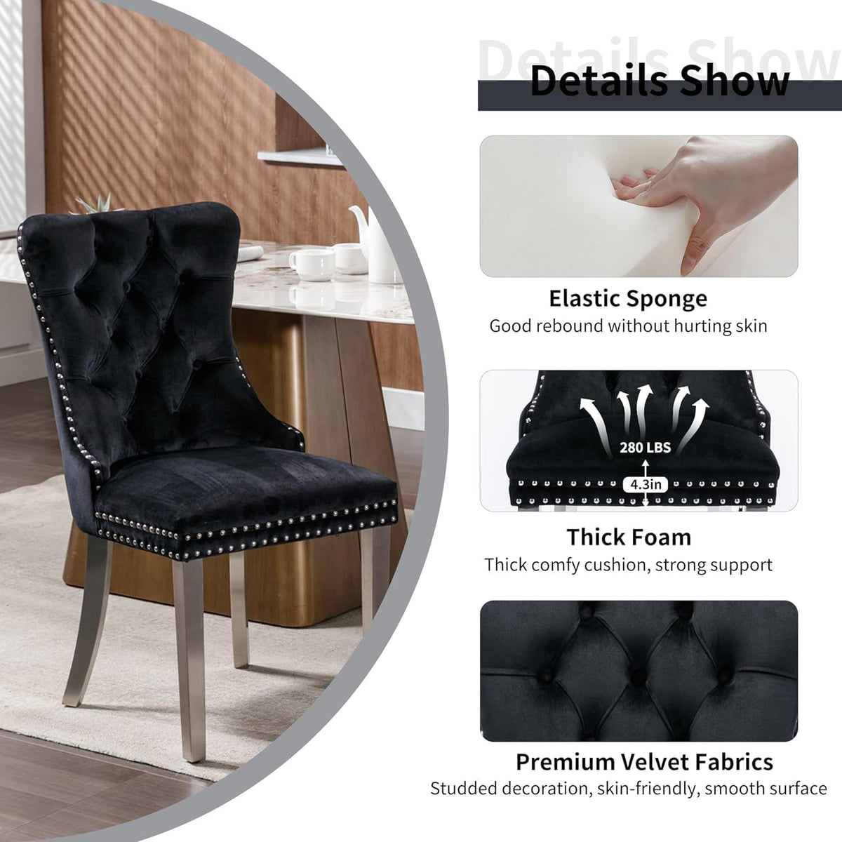 Modern Silver Round Glass Dining Table Set for 2, 36'' Luxury Minimalist Circle Dinette Room Set, 3 PCS Clear Circular Glass Top Kitchen Set, Black High-end Tufted Chairs, for Small Place