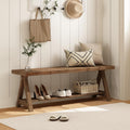 RowyPoey 51" Solid Wood Bench, Long Farmhouse Entryway Bench with Storage Shelf, Triangular Leg Design, Narrow Rustic Benches for Hallway, Bedroom, Dining, Kitchen