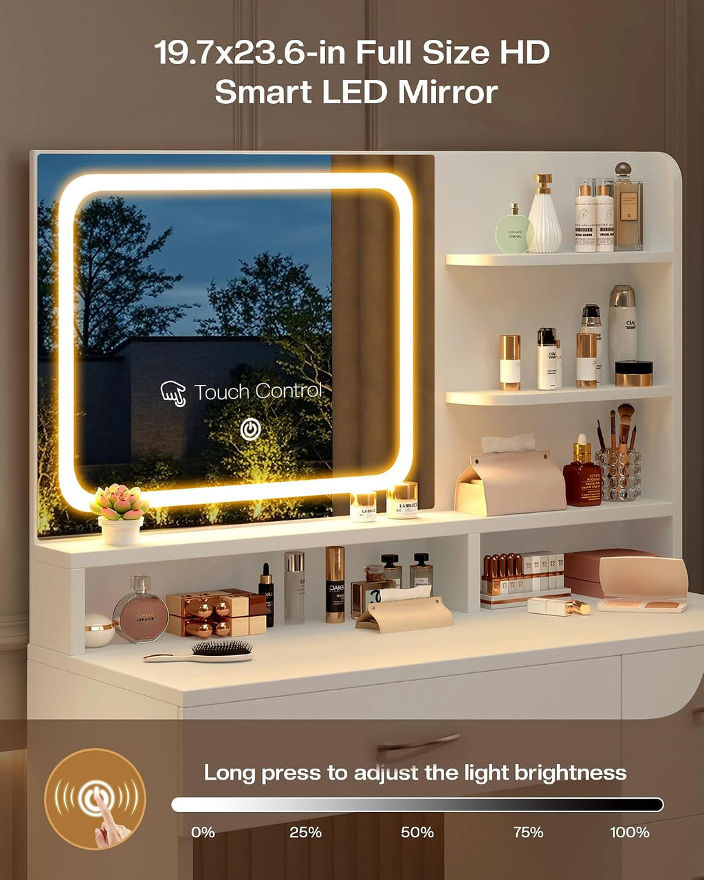 LIVELYGLOW White Makeup Vanity Desk with Charging Station & 4 Drawers | Smart LED Mirror, Cushioned-Stool, Hairdryer Rack