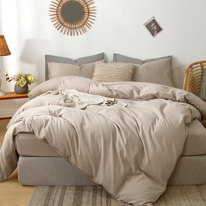 MooMee Bedding Duvet Cover Set 100% Washed Cotton Linen Like Textured Breathable Durable Soft Comfy (Heathered Taupe, King 104"x90")