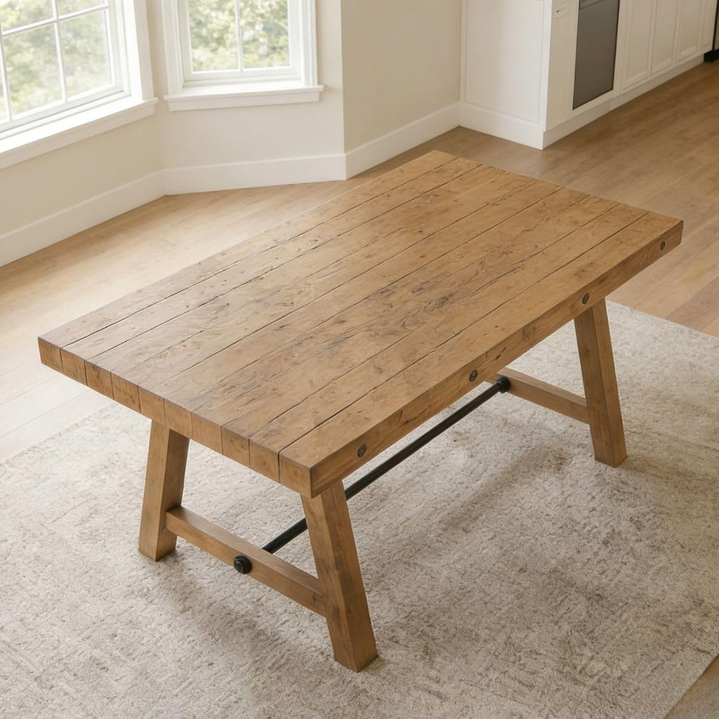 chairus 59'' Farmhouse Dining Table, Solid Wood Rustic Kitchen Table with Metal Stretcher, Large Rectangular Wooden Dining Room Table for Living Room/Home Office, Easy Assembly, Light Walnut