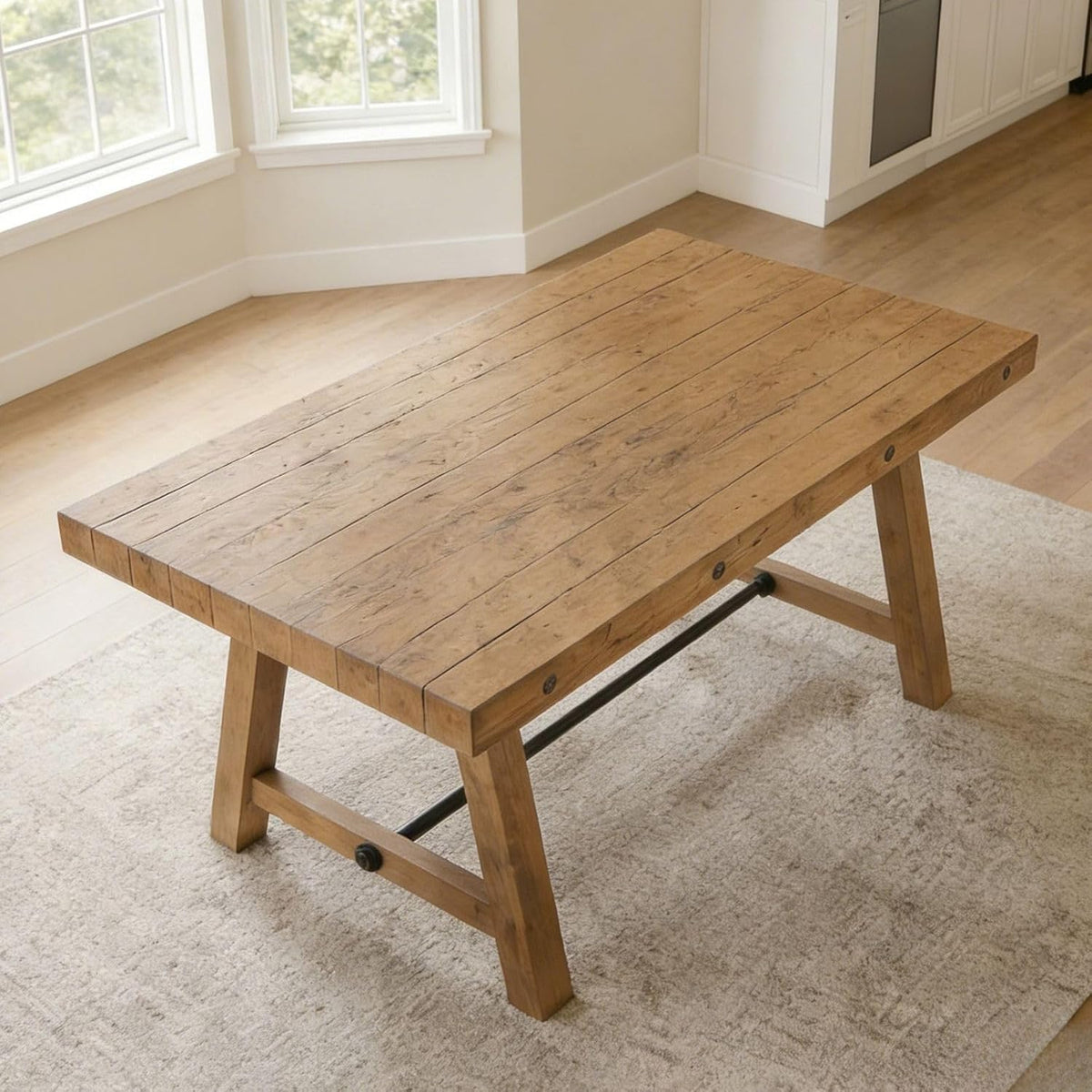 chairus 59'' Farmhouse Dining Table, Solid Wood Rustic Kitchen Table with Metal Stretcher, Large Rectangular Wooden Dining Room Table for Living Room/Home Office, Easy Assembly, Light Walnut