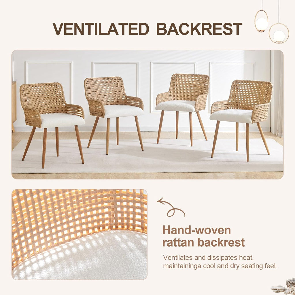 Rattan Dining Chairs Set of 2,Modern Dining Room Chairs with Upholstered Cushion and Metal Legs,Rattan Kitchen Chairs,Brown