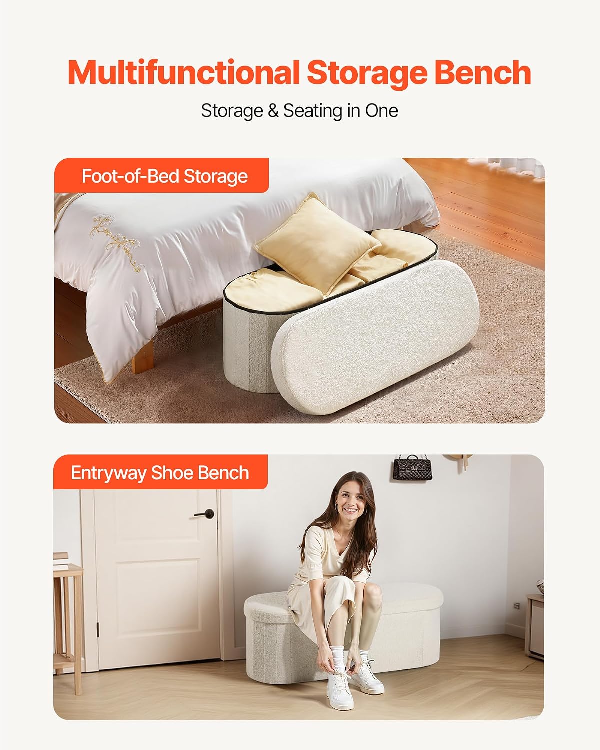 VEVOR Oval Storage Ottoman Bench, Foldable Teddy Fleece End of Bed Bench, Folding Upholstered Bed Ottoman Chest with Large Storage Space, Supports 660 lbs, for Living Room, Bedroom, Entryway, Beige