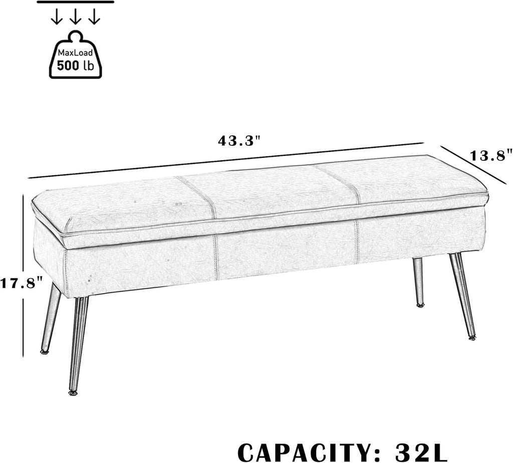 Ottoman with Storage Bench, Upholstered Large Entry Bench Brown | 43.3" Mid-Century Modern End of Bed Bench w/ Flip-Lid Metal Legs Padded Seat for Living Room Bedroom Entryway, Faux Leather