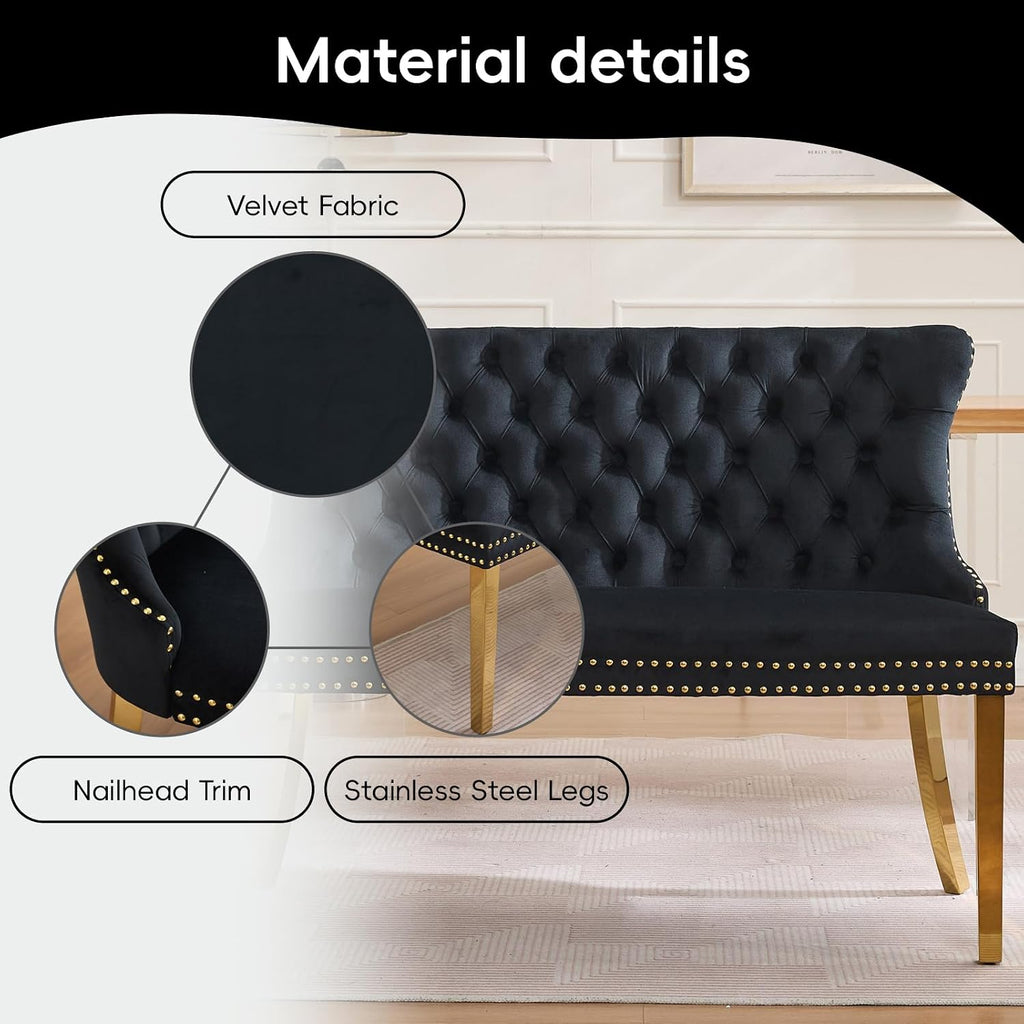 Velvet Double Dining Loveseat Bench with Wing Back, Tufted Upholstered 2-Seat Design,Golden Stainless Steel Legs, Modern Mid-Century Accent Seating for Dining Room, Kitchen, or Entryway (Black)