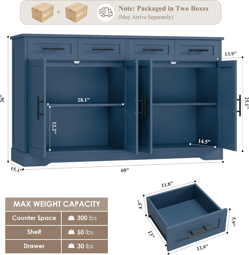 HOSTACK 60" Large Buffet Sideboard with Storage, 36" Tall Kitchen Buffet Storage Cabinet with 4 Drawers, Modern Coffee Bar Cabinet with Black Handles, Long Sideboard Buffet Table for Kichen, Blue