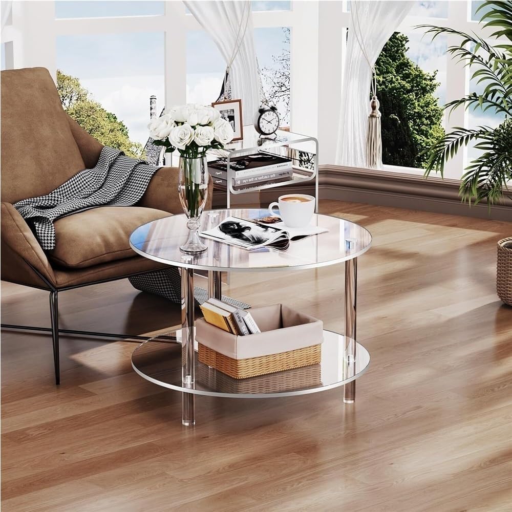 Acrylic Coffee Table, 2 Tier Round Coffee Table, Modern Clear Coffee Table, Clear End Table, Small Round Side Table for Couch, Living Room, Bedroom