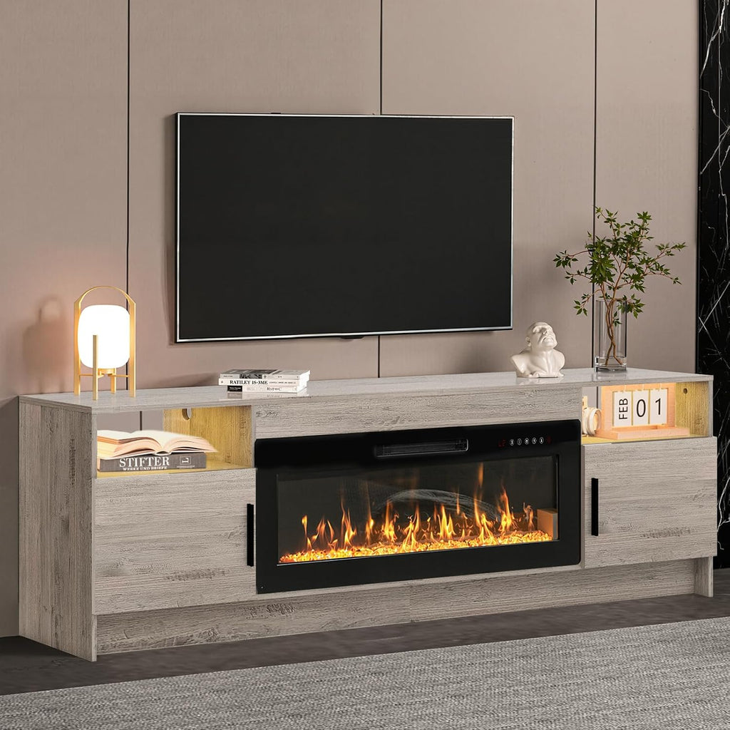 Kucreiheat Electric Fireplace TV Stand with Led Lights-42 Fireplace Entertainment Center for Up to 90 inch TV-Modern TV Console for Living Room with Storage Cabinet, Oak Grey