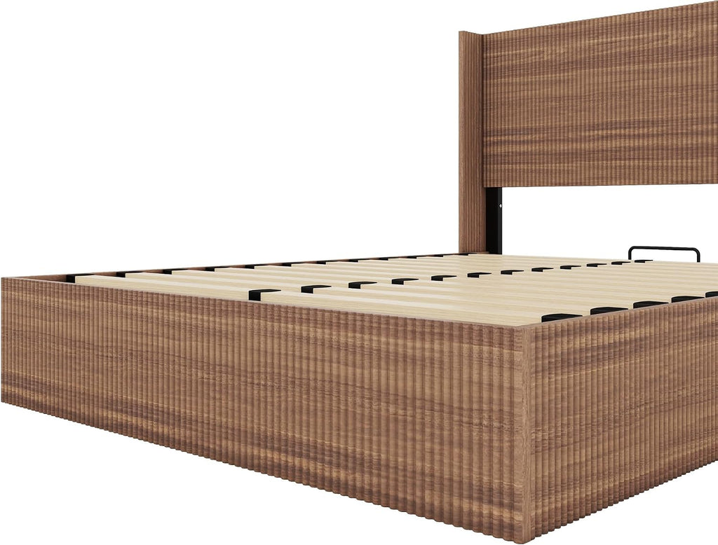 Lift Up Storage Bed Queen Size, Queen Bed Frame with Headboard and Lift Storage System, Wood Headboard with Wing-Back and Convex Groove Board Design