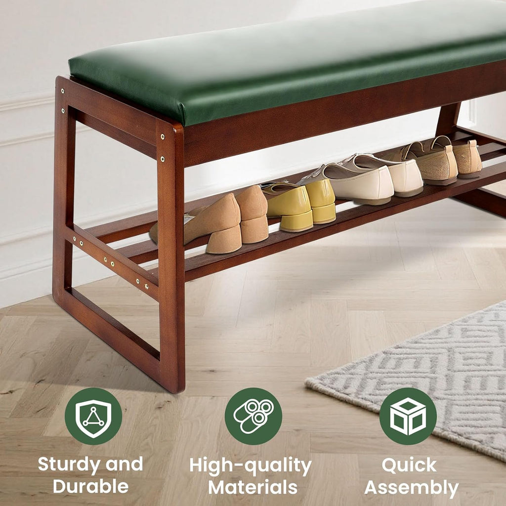 FAHKNS Shoe Bench with Leather Cushion 2 Tiers Shoe Rack 39.4" Rubberwood Shoe Organizer for Hallway, Living Room, Bedroom, Closet