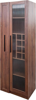 Kitchen Pantry Cabinet with 5-Tier Shelf, Pull-Out Hutch Cabinet with Glass Door & Spice Rack, Freestanding Wine Bar Cabinet with Glass Holder & 8-Bottle Wine Rack for Living Room, Dining Room, Walnut