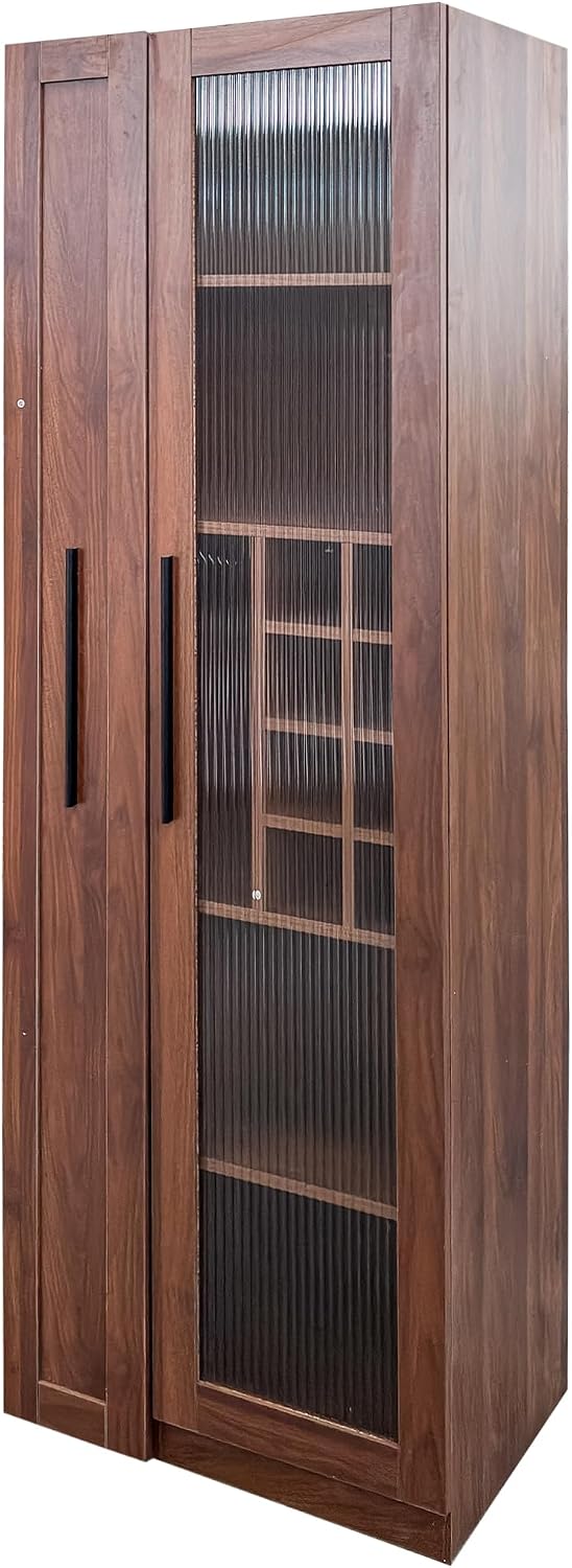 Kitchen Pantry Cabinet with 5-Tier Shelf, Pull-Out Hutch Cabinet with Glass Door & Spice Rack, Freestanding Wine Bar Cabinet with Glass Holder & 8-Bottle Wine Rack for Living Room, Dining Room, Walnut