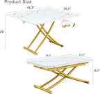 Height Adjustable Folding Table - Converts from Coffee to Dining, Wooden Top with Sturdy Metal Legs, Ideal for Small Living/Kitchen Spaces (White+Gold)