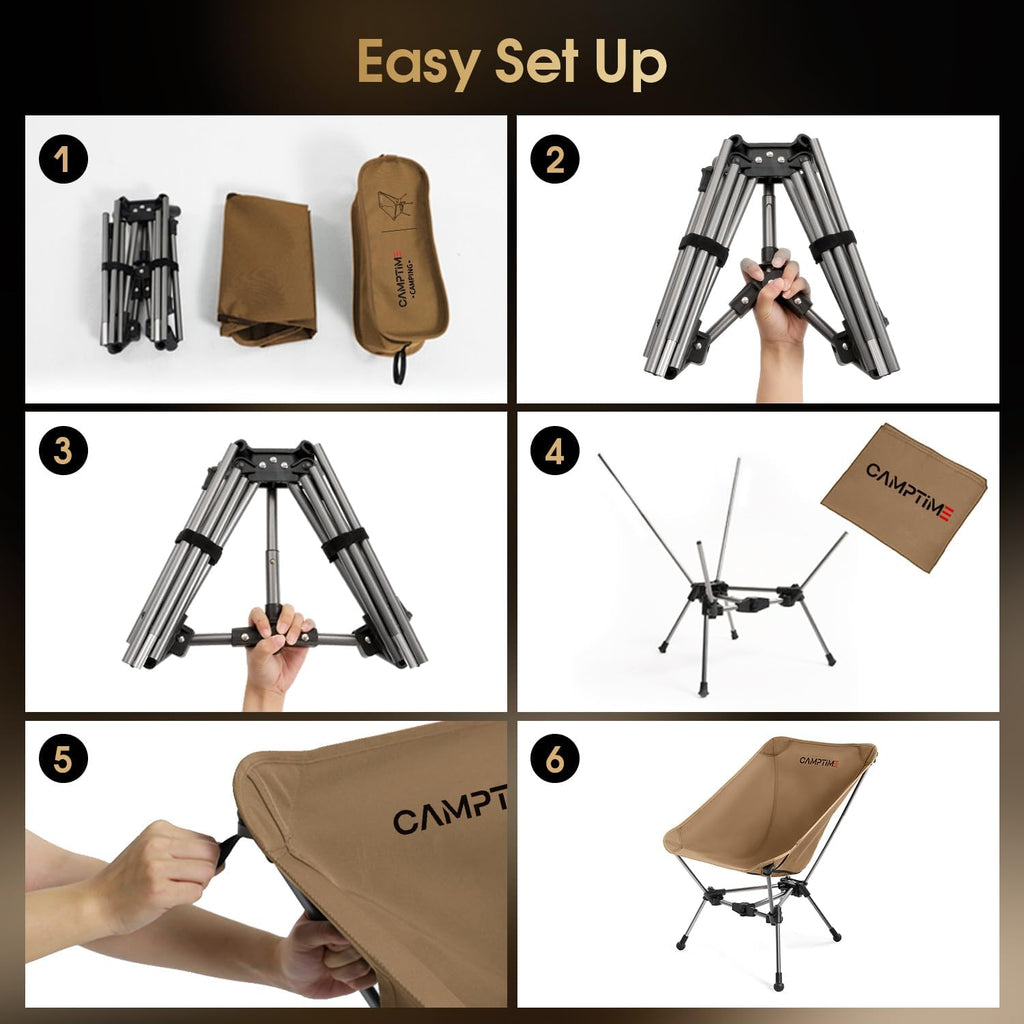 Camptime Portable Camping Chair, Lightweight Compact Backpacking Chair with Side Pocket, Wide Seat Folding Chair for Camping, Hiking, Beach - Supports 330Lbs, Khaki