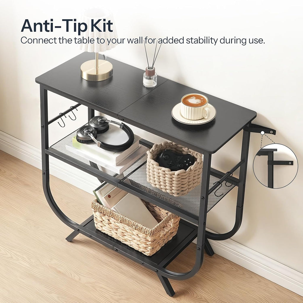 HOOBRO 3 Tier Small Console Table, 31.5" Entryway Table with Storage Shelf, Narrow Sofa Table, Behind Couch Table, Hallway Table with S-Hooks, for Living Room, Black BB63XG01